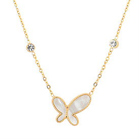 Natural Shell Butterfly Pendant Necklace with Cubic Zirconia, Stainless Steel Necklace