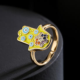 Colorful Devil's Eye & Fatima Hand Ring with Zircon Copper Plating and Gold Coating