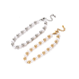 201 Stainless Steel & Plastic Pearl Round Beaded Bracelet for Women