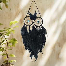 Owl Woven Web/Net with Feather Hanging Ornaments, with Iron Ring for Home Living Room Bedroom Wall Decorations