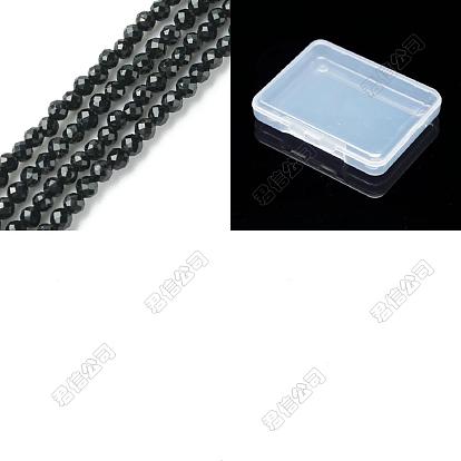 2 Strands Natural Black Tourmaline Beads Strands, Faceted, Round