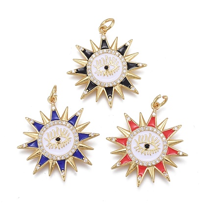Brass Micro Pave Cubic Zirconia Pendants, with Enamel, Long-Lasting Plated, Real 18K Gold Plated, Sun & Eye