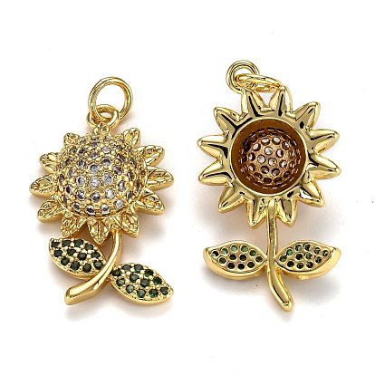 Brass Micro Pave Cubic Zirconia Pendants, Long-Lasting Plated, with Jump Ring, Sunflower