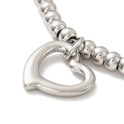 304 Stainless Steel Heart Charm Bracelet with 201 Stainless Steel Round Beads for Women