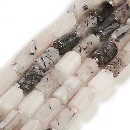 Natural Black Rutilated Quartz Beads Strands, with Seed Beads, Faceted, Column