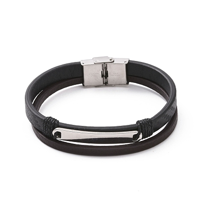 Microfiber Cord Braided Double-strand Bracelet, 201 Stainless Steel Bar Link Punk Wristband for Men Women