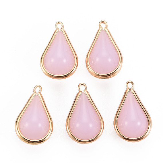 Imitation Jade Glass Pendants, with Brass Findings, Teardrop, Light Gold