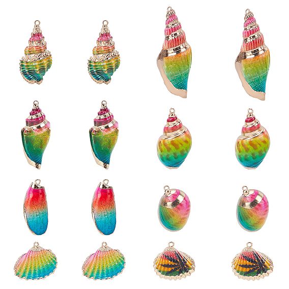 16Pcs 8 Style Spray Paint & Electroplate Spiral Shell Pendants, with Light Gold Iron & Brass Findings