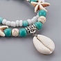 Cowrie Shell Multi-strand Bracelets, with Turquoise(Dyed) Beads and Glass Seed Beads, Tibetan Style Alloy Beads, Zinc Alloy Lobster Claw Clasps