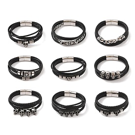 Braided Microfiber Leather Multi-strand Bracelets, Viking 304 Stainless Steel Skull Bracelets for Men