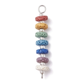 Charmes de connecteur de perles teints en pierre de lave naturelle chakra, avec des perles en verre de graine, liens de disque, platine