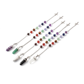 Pendules de radiesthésie pointus en pierres naturelles mixtes, avec 304 chaîne en acier inoxydable et perles de pierres précieuses, balle, couleur inox