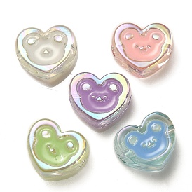 UV Plating Rainbow Iridescent Acrylic Enamel Beads, Heart with Bear Pattern