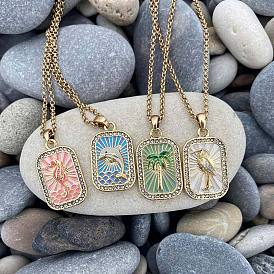 Summer Beach Brass Pvace Clear Cubic Zirconia Rolo Chain Sea Horse/Dolphin/Tree/Bird Rectangle Pendant Necklaces with Enamel for Women, Golden