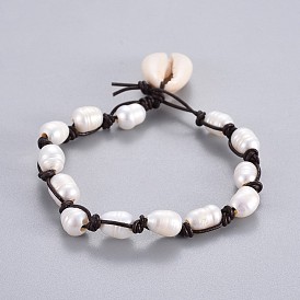 Natural Pearl Beaded Bracelets, with Cowhide Leather Cord and Cowrie Shell Beads