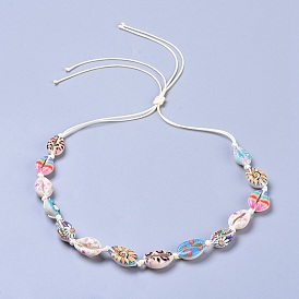 Adjustable Printed Cowrie Shell Beaded Necklaces, with Eco-Friendly Korean Waxed Polyester Cord
