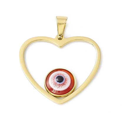 Vacuum Plating 304 Stainless Steel Resin Pendants, Golden, Heart Charms with Evil Eye
