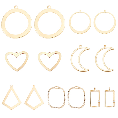 Brass Open Back Bezel & Cubic Zirconia Pendants, For DIY UV Resin, Epoxy Resin, Pressed Flower Jewelry, Ring, Moon, Rectangle, Pentagon, Heart, Rhombus