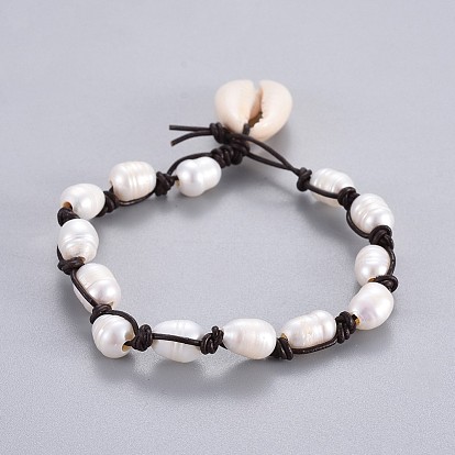 Natural Pearl Beaded Bracelets, with Cowhide Leather Cord and Cowrie Shell Beads