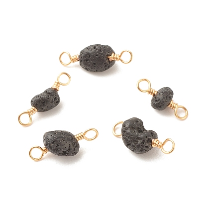 Luster Natural Lava Rock Connector Charms, with Brass Wire Loops, Nuggets