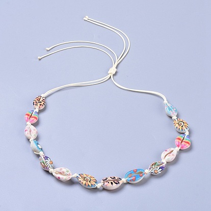 Adjustable Printed Cowrie Shell Beaded Necklaces, with Eco-Friendly Korean Waxed Polyester Cord