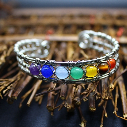 Natural Mixed Gemstone Beaded Cuff Bangle, Wire Wrapped Bangles