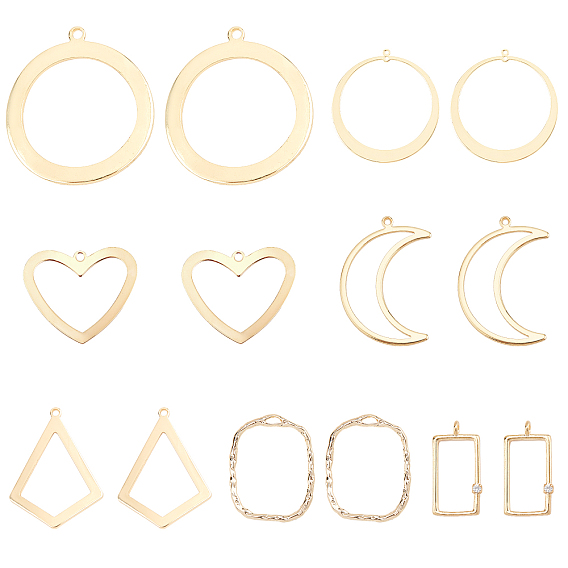 Brass Open Back Bezel & Cubic Zirconia Pendants, For DIY UV Resin, Epoxy Resin, Pressed Flower Jewelry, Ring, Moon, Rectangle, Pentagon, Heart, Rhombus