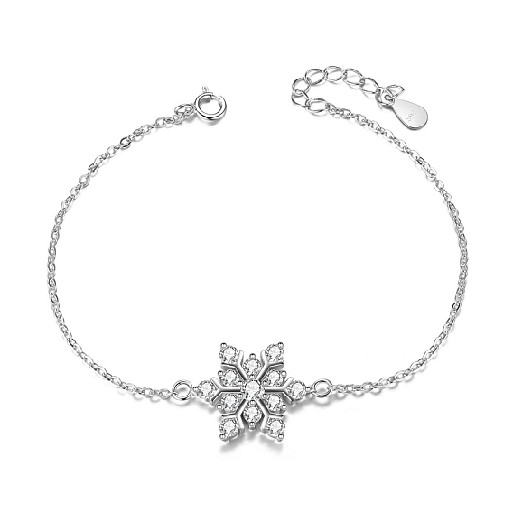 925 Sterling Silver Bracelets, with Cubic Zirconia, Snowflake