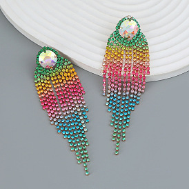 Gradient Color Tassel Earrings - American Style, Alloy Inlaid Diamond, Long Fringe Jewelry.