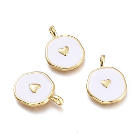 Brass Enamel Pendants, Flat Round with Heart, Golden