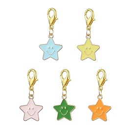 Star with Smiling Face Alloy Enamel Pendant Decooration, Zinc Alloy Lobster Claw Clasps Charms for Bag Ornaments
