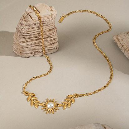 304 Модные ожерелья с подвеской в виде листьев солнца из нержавеющей стали и искусственного жемчуга для женщин, белые