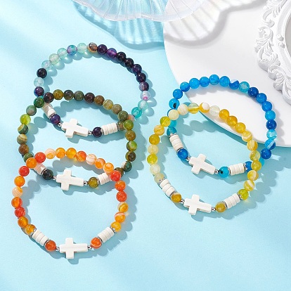 Эластичные браслеты из натурального полосатого агата/агатовой крошки и синтетической бирюзы для женщин и мужчин., крест и круглый