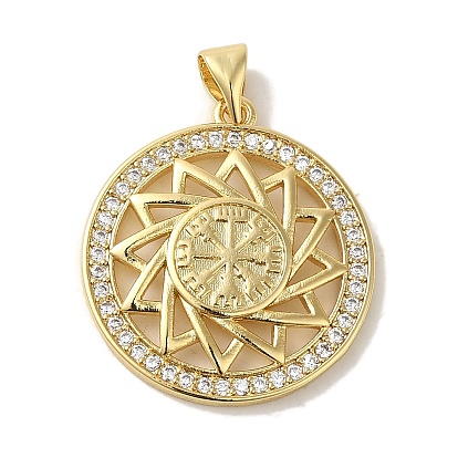 Rack Plating Brass Micro Pave Clear Cubic Zirconia Pendants, Cadmium Free & Lead Free, Long-Lasting Plated, Flat Round with Sun