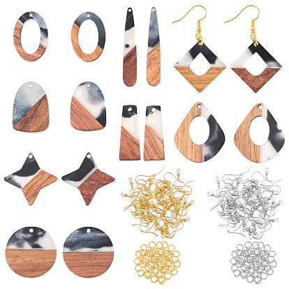 Kits de fabrication de boucles d'oreilles bricolage, y compris 16pcs 8 styles pendentif en bois de résine et de noyer, 60 pcs 2 couleurs crochets de boucle d'oreille en laiton, 60pcs 2 anneaux de saut en laiton de couleurs