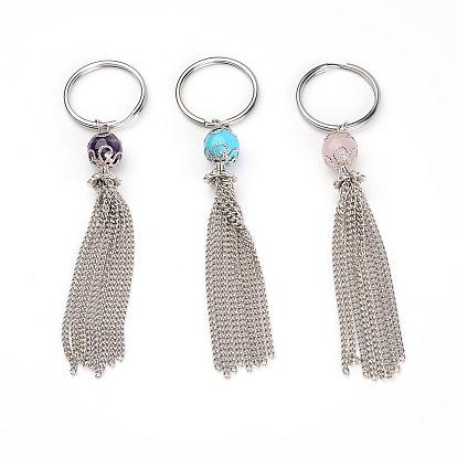 316 Surgical Stainless Steel Keychain with Iron Twisted Chains Tassels and Gemstone Beads, 110mm