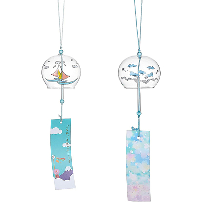 2Pcs 2 Styles Round with Boat & Bird Pattern Glass Wind Chime, with Polyester Cord & Paper