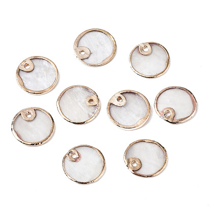Natural Capiz Shell Pendants, with Golden Plated Brass Edge, Flat Round