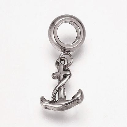 304 Stainless Steel European Dangle Charms, Large Hole Pendants, Anchor
