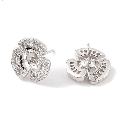 925 Sterling Silver Micro Pave Cubic Zirconia Earring Settings Findings, for Half Drilled Beads, Clover