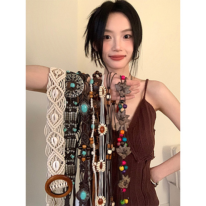 Шнурок-бусина в стиле бохо из сплава, дерева, смолы, кокоса и искусственной кожи