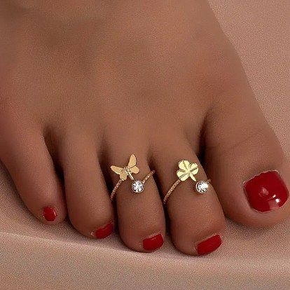 2 шт. 2 стили латунные хрустальные стразы бабочка клевер манжета палец ноги кольца наборы, золотые