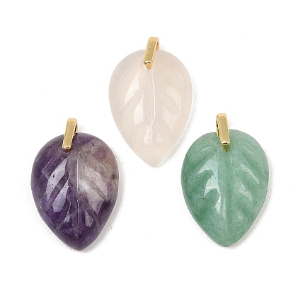 Natural Gemstone Carved Pendants, Leaf Charms with Brass Loops, Real 18K Gold Plated, Cadmium Free & Lead Free, Rack Plating, Long-Lasting Plated