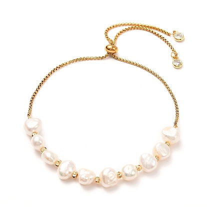 Natural Pearl Beads Adjustable Slider Bracelet for Girl Women Gift, Brass  Charms, 304 Stainless Steel Cubic Zirconia Box Chain Bracelet
