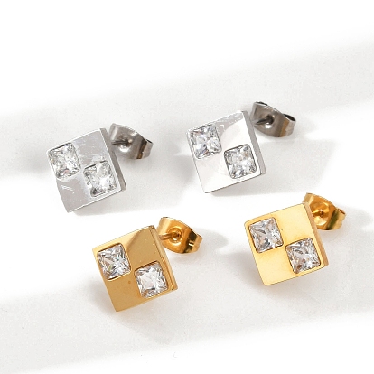 304 Серьги-гвоздики из нержавеющей стали с прозрачным фианитом и микропаве, ромб, ионное покрытие (ip)