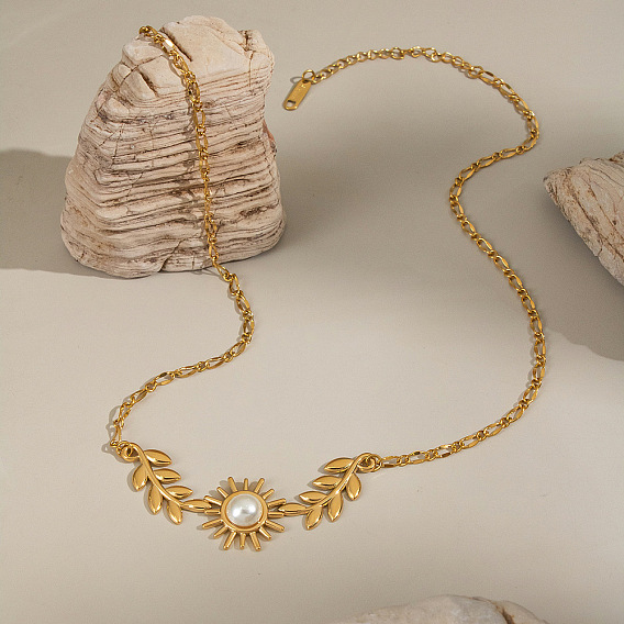 304 Модные ожерелья с подвеской в виде листьев солнца из нержавеющей стали и искусственного жемчуга для женщин, белые