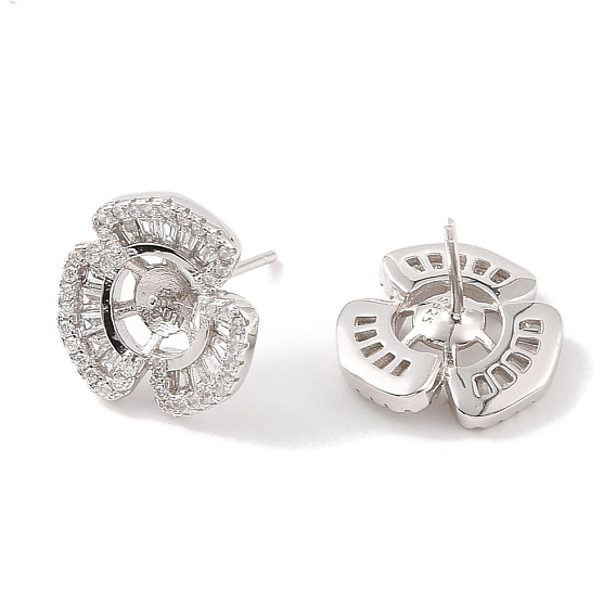 925 Sterling Silver Micro Pave Cubic Zirconia Earring Settings Findings, for Half Drilled Beads, Clover