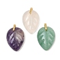 Natural Gemstone Carved Pendants, Leaf Charms with Brass Loops, Real 18K Gold Plated, Cadmium Free & Lead Free, Rack Plating, Long-Lasting Plated