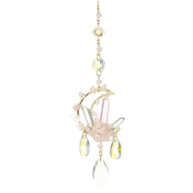 Décorations de pendentif de lune en quartz rose naturel enveloppé de fil et en laiton, avec des breloques en forme de larme de verre, pour la décoration intérieure