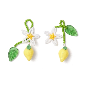 2Pcs 2 Styles Resin & Handmade Glass Seed Beaded Flower Lemon Big Pendants, with Czech Lampwork Leaf